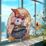 Wizard Mouse Acrylic Suncatcher, Stained Glass Style Halloween Animal with Cauldron Window Hanging, Cute Magical Fall Home Decor Gift