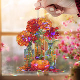 Autumn Flowers and Pumpkin Acrylic Suncatcher, Stained Glass Style Fall Vase Window Hanging, Rustic Thanksgiving Home Decor Gift