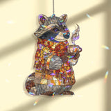 Cozy Raccoon Acrylic Suncatcher, Stained Glass Style Autumn Animal with Scarf and Coffee Window Hanging, Fall Woodland Home Decor Gift