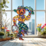 Pumpkin Cowboy Acrylic Suncatcher, Stained Glass Style Jack Oâ€™Lantern Western Window Hanging, Halloween Fall Rustic Home Decor Gift