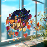 Sleeping Cat in Hanging Basket Acrylic Suncatcher, Stained Glass Style Autumn Leaves Window Hanging, Cozy Fall Pet Lover Home Decor