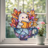 Cute Ghost Reading Acrylic Suncatcher, Stained Glass Style Halloween Autumn Window Hanging, Cozy Book Lover Fall Home Decor Gift