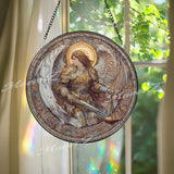 Archangel Stained Glass Suncatcher, Round Angel with Sword and Scales Window Panel, Spiritual Justice Guardian Home Decor Gift