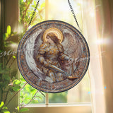 Archangel Stained Glass Suncatcher, Round Angel with Sword and Scales Window Panel, Spiritual Justice Guardian Home Decor Gift