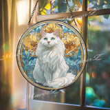 White Cat Stained Glass Suncatcher, Round Feline Window Panel with Yellow Flowers, Pet Lover Gift, Artistic Cat Home Decor Hanging
