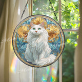 White Cat Stained Glass Suncatcher, Round Feline Window Panel with Yellow Flowers, Pet Lover Gift, Artistic Cat Home Decor Hanging