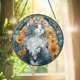 Gray and White Cat Stained Glass Suncatcher, Round Feline Window Panel with Yellow Flowers, Pet Lover Gift, Artistic Cat Home Decor