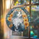 Gray and White Cat Stained Glass Suncatcher, Round Feline Window Panel with Yellow Flowers, Pet Lover Gift, Artistic Cat Home Decor
