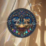 Raccoon Stained Glass Suncatcher, Round Magical Window Panel with Cauldron and Potions, Fantasy Woodland Animal Home Decor Gift