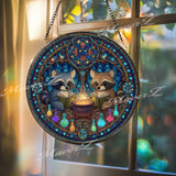 Raccoon Stained Glass Suncatcher, Round Magical Window Panel with Cauldron and Potions, Fantasy Woodland Animal Home Decor Gift