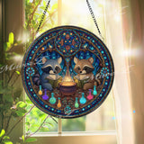 Raccoon Stained Glass Suncatcher, Round Magical Window Panel with Cauldron and Potions, Fantasy Woodland Animal Home Decor Gift