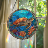 Sea Turtle Stained Glass Suncatcher, Round Ocean Window Panel with Coral Reef Design, Coastal Beach Marine Life Home Decor Gift
