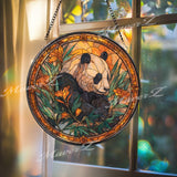 Panda Stained Glass Suncatcher, Round Wildlife Window Panel with Bamboo and Flowers, Nature Animal Home Decor Gift for Panda Lovers