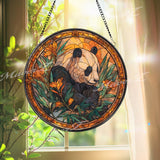 Panda Stained Glass Suncatcher, Round Wildlife Window Panel with Bamboo and Flowers, Nature Animal Home Decor Gift for Panda Lovers