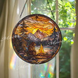 Bigfoot Stained Glass Suncatcher, Round Mountain Sunset Window Panel with Campfire Scene, Rustic Forest Sasquatch Home Decor Gift
