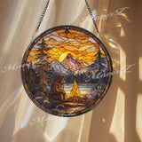 Bigfoot Stained Glass Suncatcher, Round Mountain Sunset Window Panel with Campfire Scene, Rustic Forest Sasquatch Home Decor Gift