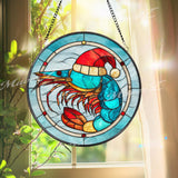 Christmas Shrimp Stained Glass Suncatcher, Round Ocean Window Panel with Santa Hat, Coastal Beach Holiday Nautical Home Decor Gift
