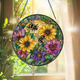 Bee and Flowers Stained Glass Suncatcher, Round Sunflower Window Panel with Colorful Blooms, Nature Garden Pollinator Home Decor Gift