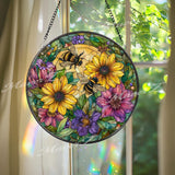 Bee and Flowers Stained Glass Suncatcher, Round Sunflower Window Panel with Colorful Blooms, Nature Garden Pollinator Home Decor Gift