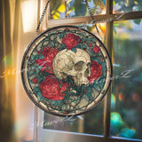 Skull and Roses Stained Glass Suncatcher, Round Gothic Window Panel with Red Flowers, Dark Romantic Macabre Home Decor Gift