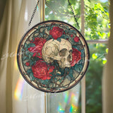 Skull and Roses Stained Glass Suncatcher, Round Gothic Window Panel with Red Flowers, Dark Romantic Macabre Home Decor Gift