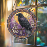 Raven Stained Glass Suncatcher, Round Gothic Window Panel with Moon and Flowers, Mystical Bird Home Decor Gift for Nature and Fantasy Lovers