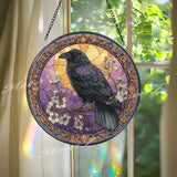 Raven Stained Glass Suncatcher, Round Gothic Window Panel with Moon and Flowers, Mystical Bird Home Decor Gift for Nature and Fantasy Lovers