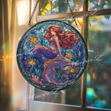 Mermaid Stained Glass Suncatcher, Round Ocean Window Panel with Colorful Fish, Fantasy Sea Siren Nautical Coastal Home Decor Gift