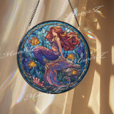 Mermaid Stained Glass Suncatcher, Round Ocean Window Panel with Colorful Fish, Fantasy Sea Siren Nautical Coastal Home Decor Gift