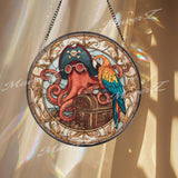 Pirate Octopus Stained Glass Suncatcher, Round Nautical Window Panel with Treasure Chest and Parrot, Ocean Fantasy Home Decor Gift