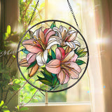 Lily Stained Glass Suncatcher, Round Pink and White Floral Window Panel, Elegant Botanical Glass Art Home Decor Gift for Flower Lovers
