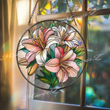 Lily Stained Glass Suncatcher, Round Pink and White Floral Window Panel, Elegant Botanical Glass Art Home Decor Gift for Flower Lovers