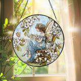 Fairy Stained Glass Suncatcher, Round Enchanted Window Panel with Blossoms and Butterfly, Fantasy Garden Home Decor Gift