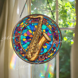 Saxophone Stained Glass Suncatcher, Round Musical Instrument Window Panel, Jazz Music Lover Gift, Colorful Musician Home Decor