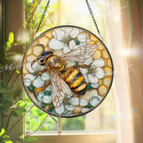 Bee Stained Glass Suncatcher, Round Honeycomb and Flower Window Panel, Pollinator Garden Nature Home Decor Gift for Bee Lovers