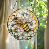 Bee Stained Glass Suncatcher, Round Honeycomb and Flower Window Panel, Pollinator Garden Nature Home Decor Gift for Bee Lovers