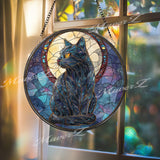 Black Cat Stained Glass Suncatcher, Round Moon and Stars Window Panel, Mystical Feline Celestial Gothic Home Decor Gift for Cat Lovers