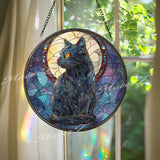 Black Cat Stained Glass Suncatcher, Round Moon and Stars Window Panel, Mystical Feline Celestial Gothic Home Decor Gift for Cat Lovers