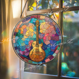 Guitar Stained Glass Suncatcher, Round Musical Instrument Window Panel, Colorful Music Lover Gift, Jazz Rock Musician Home Decor