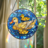 Duck and Ducklings Stained Glass Suncatcher, Round Pond Window Panel, Yellow Waterfowl Family Nature Home Decor Gift for Bird Lovers