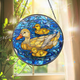 Duck and Ducklings Stained Glass Suncatcher, Round Pond Window Panel, Yellow Waterfowl Family Nature Home Decor Gift for Bird Lovers