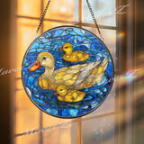 Duck and Ducklings Stained Glass Suncatcher, Round Pond Window Panel, Yellow Waterfowl Family Nature Home Decor Gift for Bird Lovers