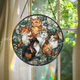 Cat Family Stained Glass Suncatcher, Round Window Panel with Five Cats and Green Leaves, Feline Lover Home Decor Gift