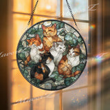 Cat Family Stained Glass Suncatcher, Round Window Panel with Five Cats and Green Leaves, Feline Lover Home Decor Gift