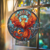 Phoenix Stained Glass Suncatcher, Round Fiery Bird Window Panel, Mythical Firebird Sun Catcher, Spiritual Rising From Ashes Home Decor Gift