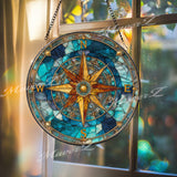 Compass Rose Stained Glass Suncatcher, Round Nautical Window Panel, Ocean Blue Windrose Glass Art, Coastal Home Decor Gift