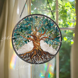 Tree of Life Stained Glass Suncatcher, Round Window Panel with Roots and Branches, Nature Spiritual Home Decor, Symbolic Glass Gift