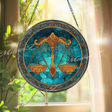 Libra Zodiac Stained Glass Suncatcher, Round Balance Scale Window Panel with Blue Starry Background, Astrology Home Decor Gift