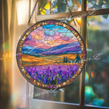 Lavender Field Stained Glass Suncatcher, Round Sunset Mountain Landscape Window Panel, Nature Scenic Home Decor Gift