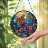 Mermaid Stained Glass Suncatcher, Round Ocean Underwater Fantasy Window Panel with Coral Reef and Fish, Nautical Home Decor